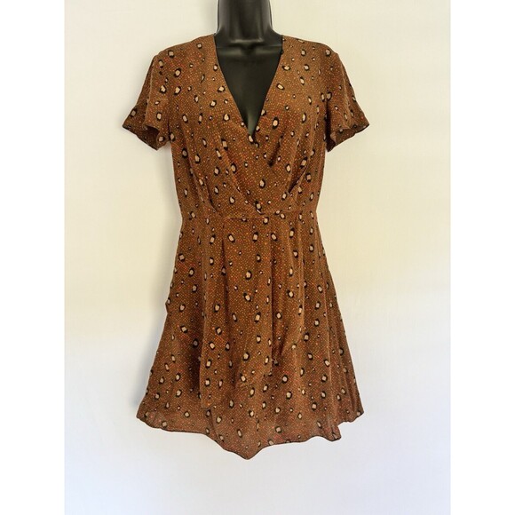 Slate & Willow Women’s 100% Silk Faux Wrap Dress Brown Animal Spots Size 4 - Picture 1 of 6